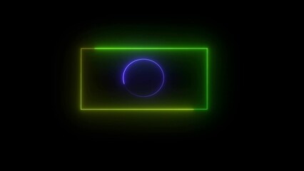 Abstract neon composition with glowing rectangle and circle on a black background representing modern technology concepts