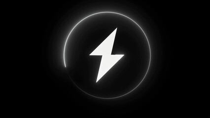 Fototapeta premium Illuminated lightning bolt symbol within a glowing circular frame against a dark backdrop representing energy power and electrical charging concepts.
