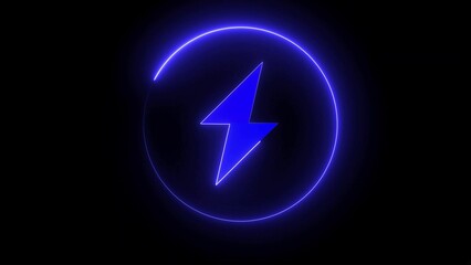 Neon illustration of blue lightning bolt within a glowing circle representing electricity power and energy on a dark background