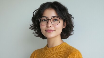 Young woman with glasses and a mustard-yellow sweater