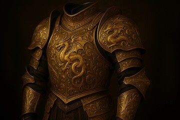 Golden Knight Armor, Ornate Medieval Fantasy, Dragon Emblem Detail, Historical Luxury