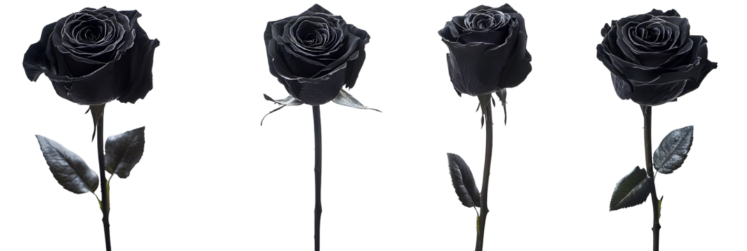 Four black roses against a dark background, showcasing gothic elegance and beauty