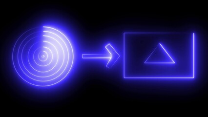 Abstract neon illustration depicting transformation and progress with geometric shapes and arrow on a dark background