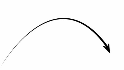 Black arching arrow pointing downward illustrating direction and growth on a clean white background perfect for infographics