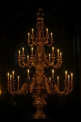 Ornate Baroque Chandelier, Gold Illuminated Candles, Dark Church Interior, Elegant Historical Lighting