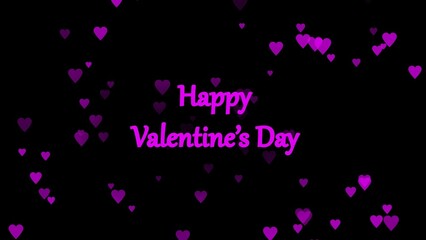 Happy valentine's day greeting with floating purple hearts against a black background for romantic celebrations love and affection
