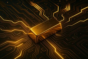 Glowing Gold Circuit Board, Digital Technology Background, Abstract Golden Lines, Modern Innovation