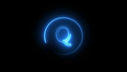 Illuminated blue neon letter q with a surrounding spiral effect against a dark black background