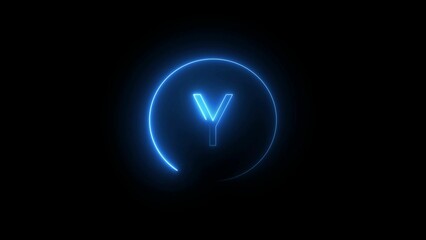 Illuminated neon blue letter y within a circle on a black background symbolizing technology and modern design