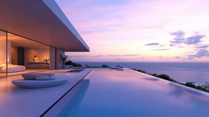 Luxury modern villa with infinity pool at sunset ocean view