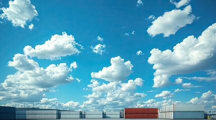 Close-up of white modern trucks parked in a lot with blue skies, clouds, and industrial containers.