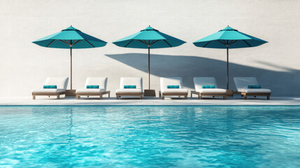 Fototapeta premium Poolside loungers and turquoise umbrellas aligned by a white wall