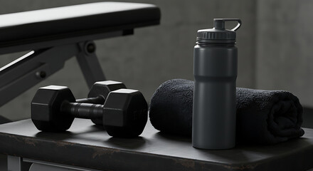 Gym Essentials Dumbbells, Water Bottle, and Towel on Workout Bench
