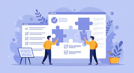 Two people connecting puzzle pieces on a large screen.