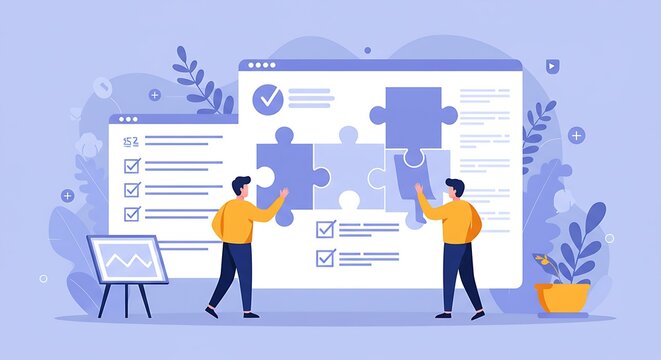 Two people connecting puzzle pieces on a large screen. - Powered by Adobe