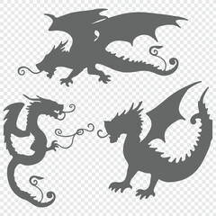 Dragon silhouettes. A trio of dragon silhouettes in flight and combat stances, capturing the essence of mythical and fantasy creatures.