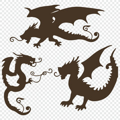 Dragon vector silhouette .various poses, showcasing detailed wings, tails, and fierce expressions.
