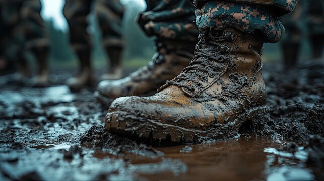 Close-up of military boots in mud at army training camp with soldiers in combat gear and camouflage. 