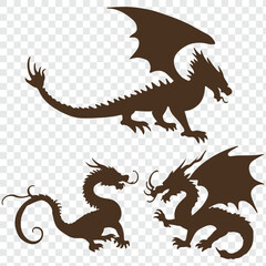 Dragon silhouette vector design. various poses, showcasing detailed wings, tails, and fierce expressions.
