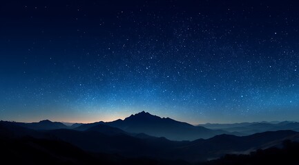 Fototapeta premium A starry night sky over mountains, with a gradient of deep blue to black. The stars form an intricate pattern in the shape of waves, creating a sense of depth and mystery