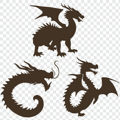 Dragon silhouettes set.  Vector illustration.