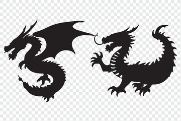 Dragon silhouettes set.  Vector illustration.