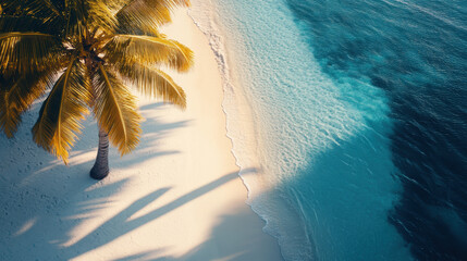 Palm tree shadows stretching across a tranquil tropical beach