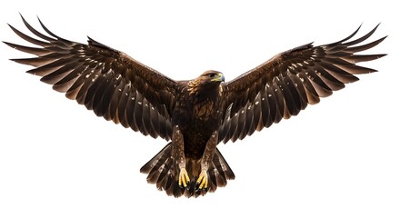 Obraz premium A majestic eagle soaring gracefully with its wings spread wide. The eagle's brown feathers glisten in the sunlight
