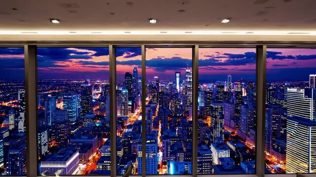 Skyline dining view cityscape night window modern urban illuminated vibrant highrise dramatic restaurant interior panoramic city