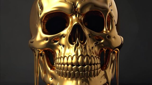 A front-facing golden skeletal skull drenched in dripping molten gold, radiating eerie elegance and macabre luxury, gleaming with intense gloss and metallic shine in a dark, dramatic setting
