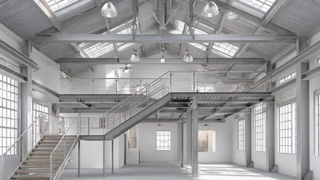 Industrial Loft: An empty industrial loft space with metal beams, large windows, and a mezzanine, perfect for architectural or design concepts. 
