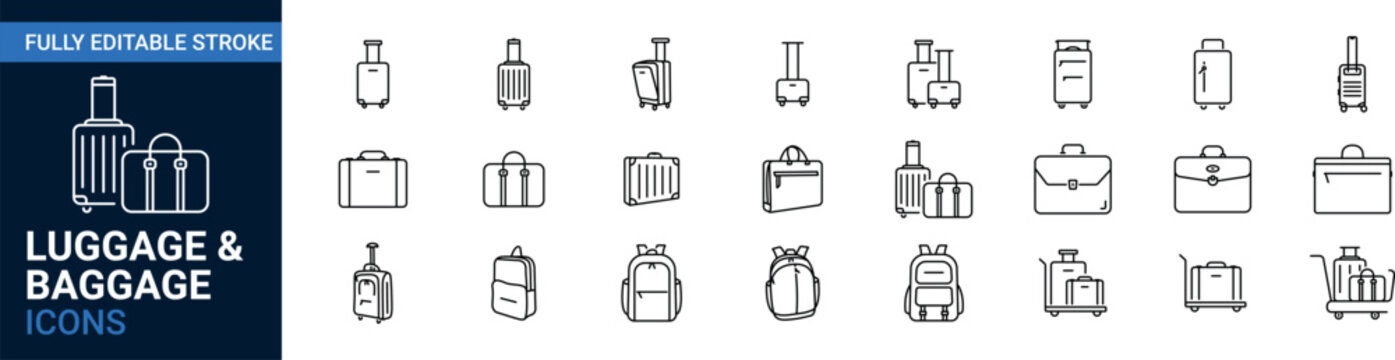 Luggage and baggage line icon set. Suitcase, briefcase, travel sign.