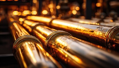 Naklejka premium Golden pipes in a factory setting. Close-up view of several parallel, polished, brass-like pipes, bathed in warm, golden light