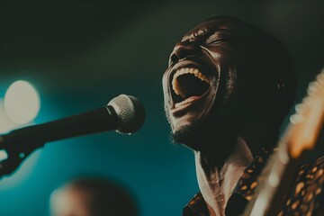 African american man passionately singing into a microphone on stage during a live concert performance at a club event.