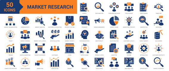 Market Research icon collection set. Containing analysis, consumer behavior, focus group, questionnaire, sampling, market segmentation, target, trends, competitor analysis icon. Simple flat vector