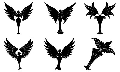 Obraz premium Silhouetted winged figures and floral horn designs in a symmetrical and stylized arrangement of six elements