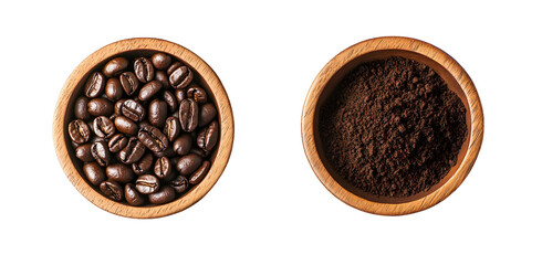 Coffee transformation: Whole beans and ground form in wooden bowls isolated on black