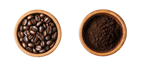 Coffee transformation: Whole beans and ground form in wooden bowls isolated on black