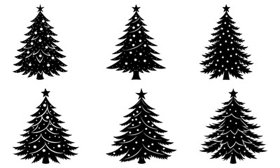 Obraz premium Collection of six stylized christmas trees with star toppers and decorative ornaments in black and white design