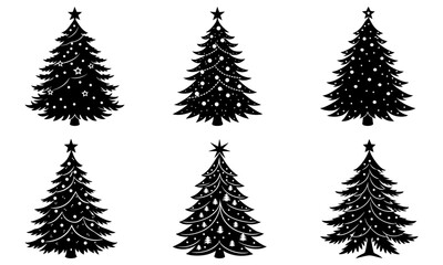 Obraz premium Collection of six stylized christmas trees with various decorations in black and white silhouette style