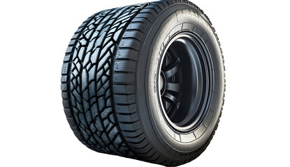 Car tire with complex tread pattern isolated on black background in studio lighting
