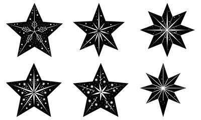Obraz premium Six black and white decorative stars with different patterns and shapes arranged in two rows of three