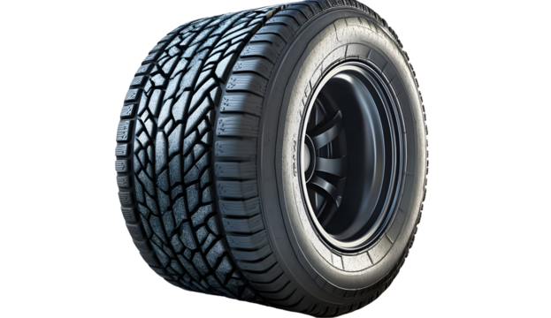 Car tire with complex tread pattern isolated on black background in studio lighting