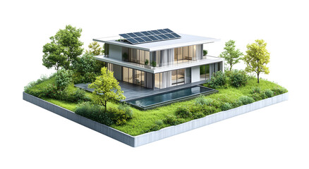 Modern house with solar panels and swimming pool surrounded by green vegetation