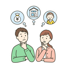 若い夫婦がお金や住まいや子育てに悩む上半身イラスト