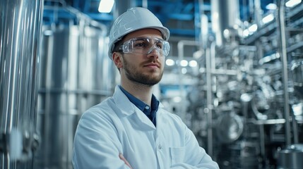 A man in a white lab coat and hard hat stands confidently in a industrial setting, with arms crossed, wearing safety goggles.
