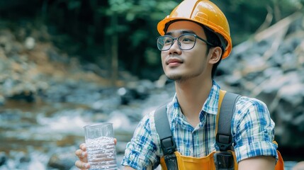A young man wearing a yellow hard hat and glasses, holding a clear glass of water in a natural, rocky, forested setting.