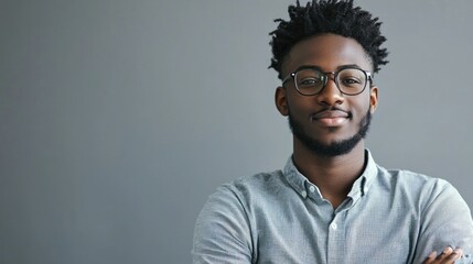 Obraz premium A young man with dreadlocks wearing glasses, standing against a gray background with his arms crossed.