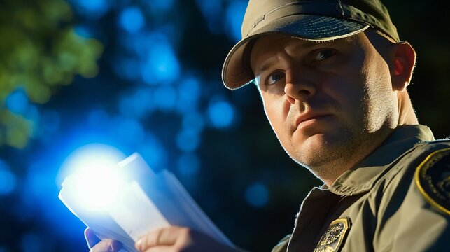 Stern uniformed border patrol officer inspecting documents at night checkpoint, security and immigration control concept for law enforcement and customs authority.