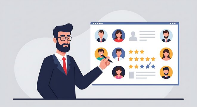 Businessman presenting candidate profiles on a digital screen.